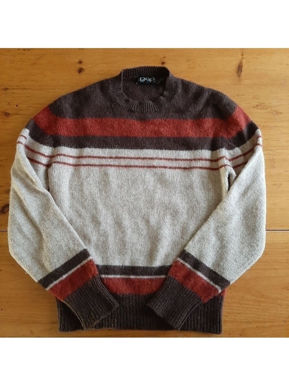 Vintage 70s Striped Crew Neck Gap Wool Retro Sweater Brown Tan Orange